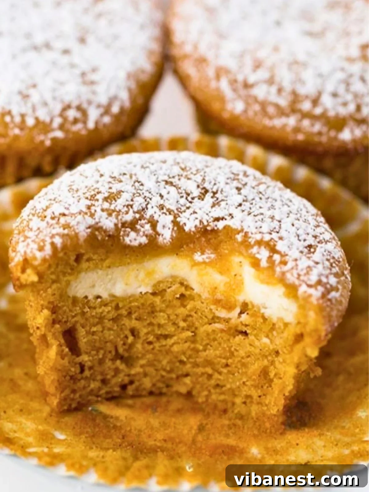 Spiced Pumpkin Cream Cheese Swirl Muffins 3 Close-up of a pumpkin cream cheese muffin showing the swirled filling.