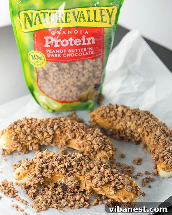 Chocolate Peanut Butter Banana Bites - The Perfect Quick Snack Close-up of Chocolate Peanut Butter Banana Bites with Nature Valley Protein Granola
