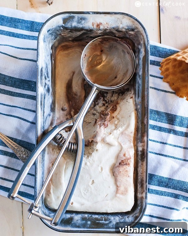 Banana Nutella swirl ice cream ready to be served