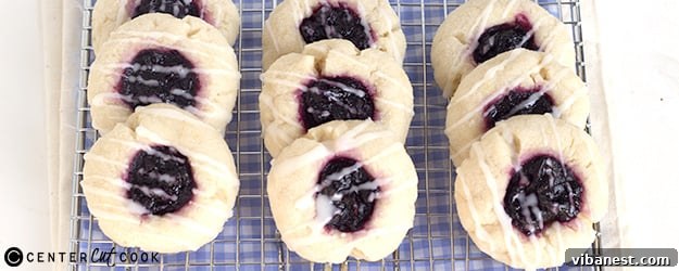 Delicious Blueberry Lemon Thumbprint Cookies on a cooling rack