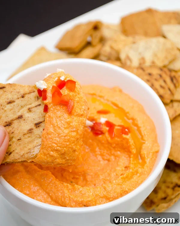 Red Pepper Feta Dip - Serving Suggestion Close-up of a bowl of Red Pepper Feta Dip with pita chips and fresh vegetables