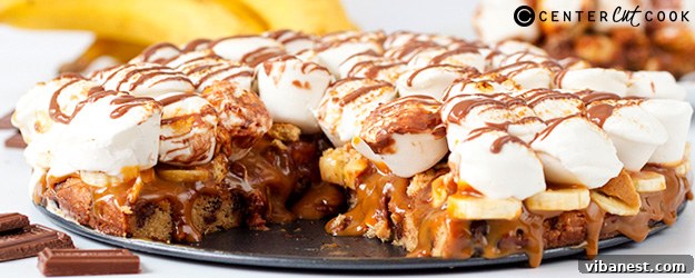 Irresistible Banoffee S'mores Pizza featuring gooey marshmallows and rich caramel