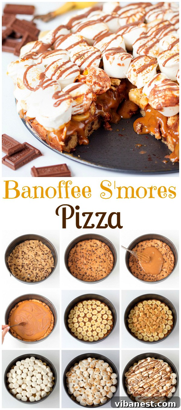 Pinterest optimized image for Banoffee S'mores Pizza recipe