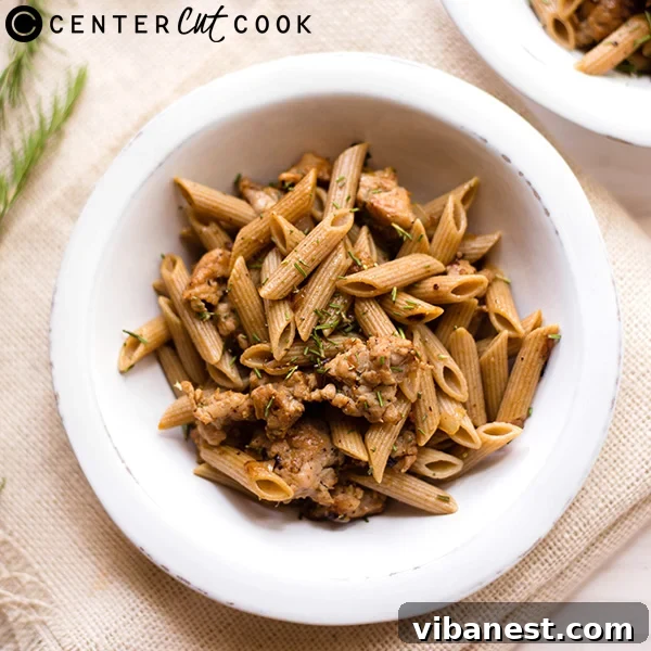 Finished plate of healthy chicken sausage pasta ready to eat
