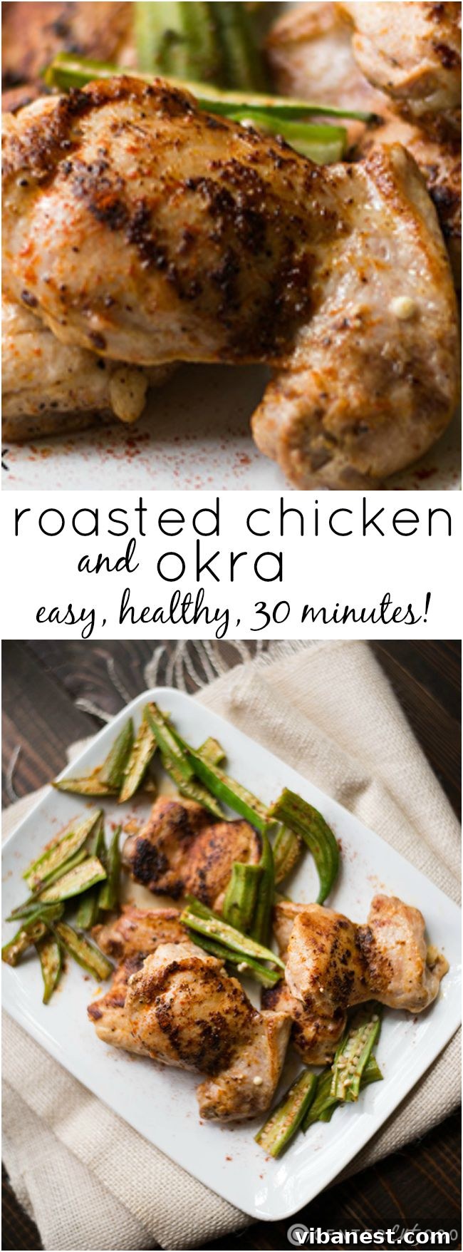 Pinterest pin graphic for roasted chicken and okra recipe, encouraging users to save it.
