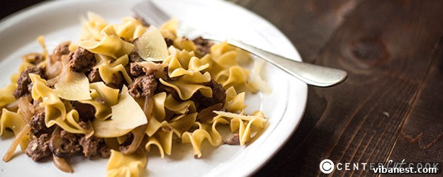 Delicious and creamy turkey stroganoff served with egg noodles in a rustic setting