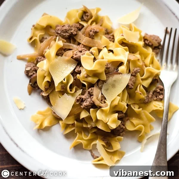 Easy Turkey Stroganoff Recipe A bowl of healthy turkey stroganoff garnished with grated parmesan cheese and fresh herbs, ready to be enjoyed
