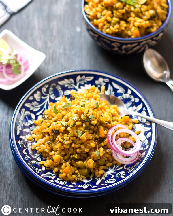 Close-up of fluffy one-pot brown rice pilaf with colorful vegetables