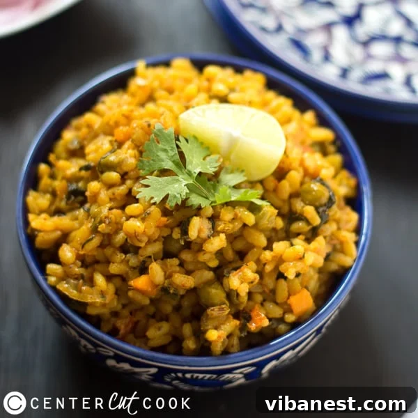 Freshly cooked one-pot brown rice pilaf garnished with coriander