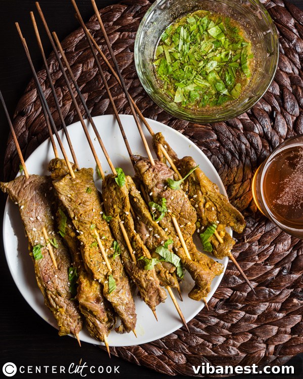 thai-beef-skewers-2.jpg Close-up of marinated beef strips ready for skewering
