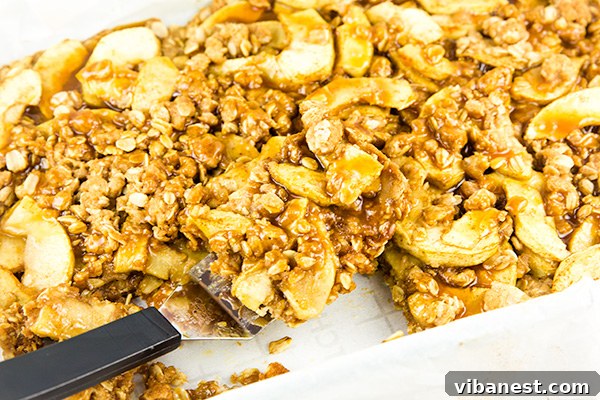 Single-Apple-Pie-Streusel-Bar Close-up of a single Apple Pie Streusel Bar on a plate, showing the layers of streusel, apple, and caramel, with a scoop of vanilla ice cream