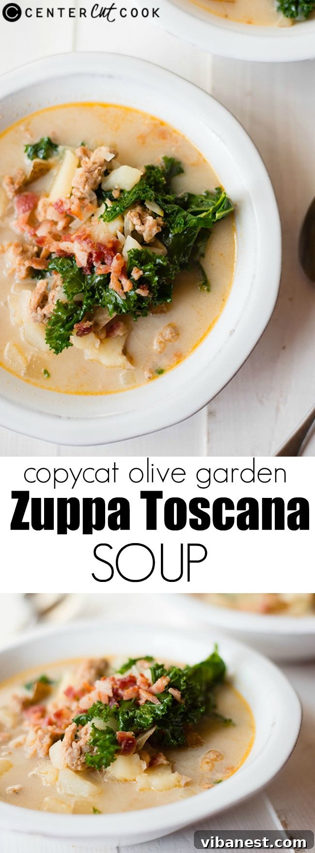 Pinterest image: Olive Garden Zuppa Toscana copycat recipe with a bowl of soup and ingredients