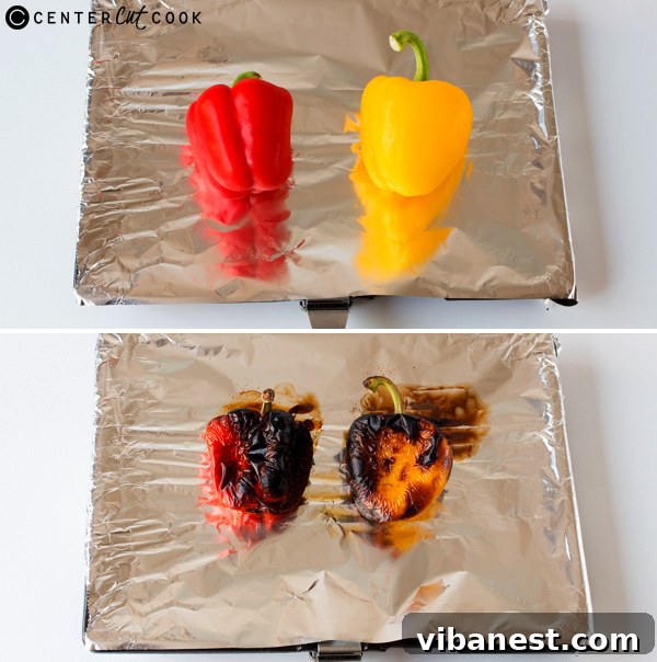 Prepping Bell Peppers for Roasting Bell peppers placed on a foil-lined baking sheet, ready for broiling