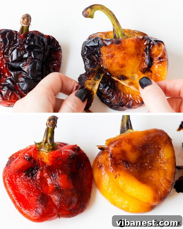 Steaming Roasted Bell Peppers in Foil Hot charred bell peppers wrapped tightly in aluminum foil for steaming