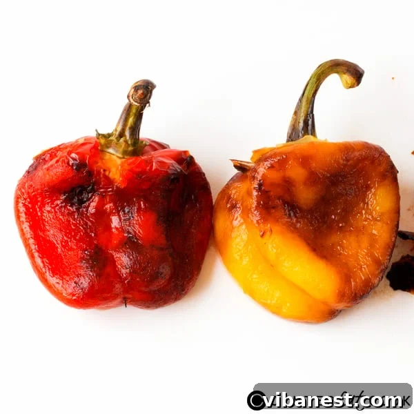 Roasted Bell Pepper Recipe Card Image Close-up of freshly chopped roasted red and yellow bell peppers