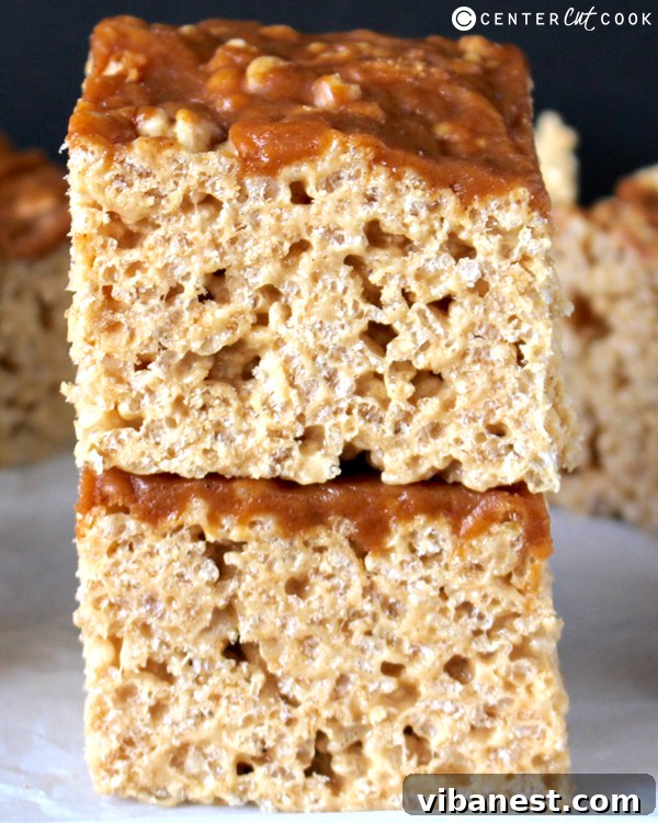 pumpkin-caramel-rice-krispy-treats-2.jpg Close-up of a stack of pumpkin caramel Rice Krispies treats