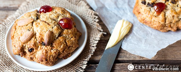 Yorkshire Fat Rascals, iconic British tea room treat, golden brown with cherry eyes and almond smile