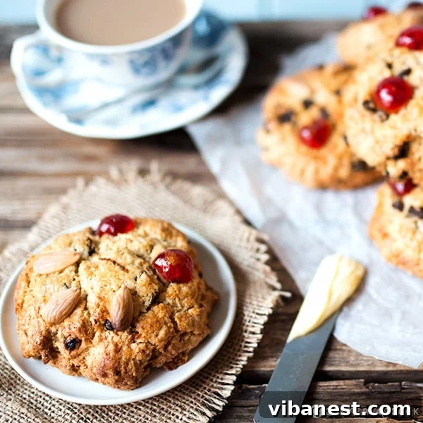 Platter of freshly baked Yorkshire Fat Rascals, garnished with cherry eyes and almond smiles