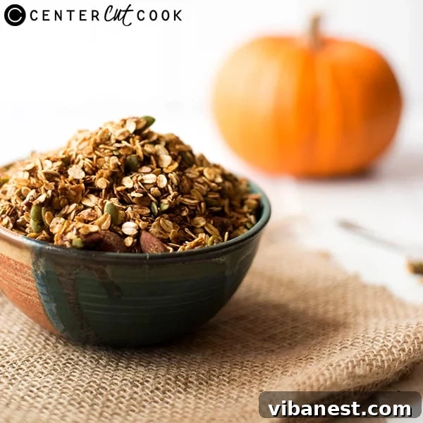 Close-up of baked pumpkin spice granola, showcasing its golden clusters