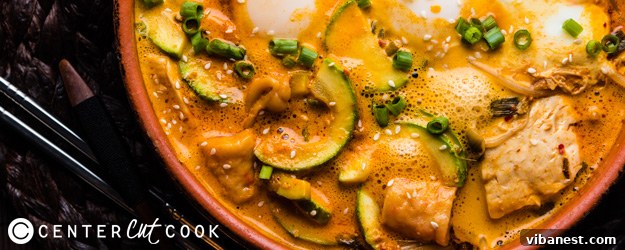 Delicious Korean Tofu Stew served hot in a traditional pot
