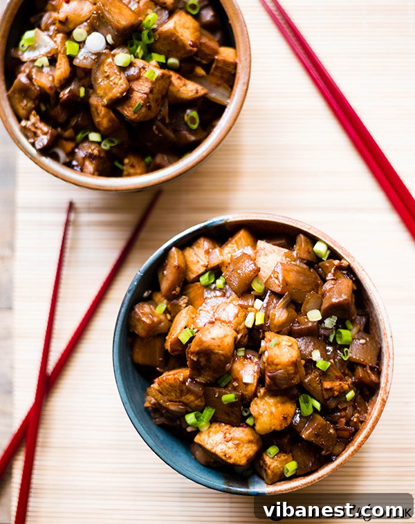 Prepped chicken and eggplant for stir fry. Close-up of cubed eggplant and chicken, prepped and ready for stir-frying.