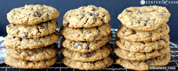 Deliciously soft and chewy oatmeal raisin cookies on a cooling rack