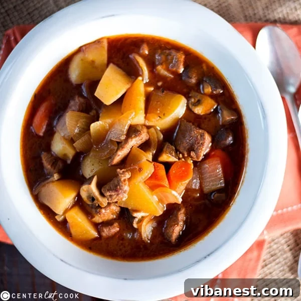 Delicious Slow Cooker Beef Stew Recipe finished slow cooker vegetable beef stew served in a bowl, ready to eat