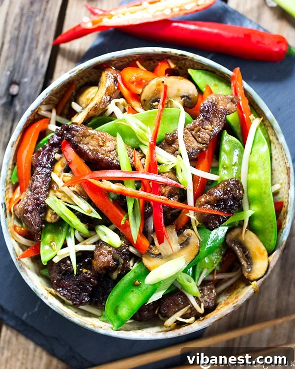 Delicious Asian Beef Stir Fry with fresh vegetables Close-up of Asian Beef Stir Fry with a medley of colorful vegetables and bean sprouts