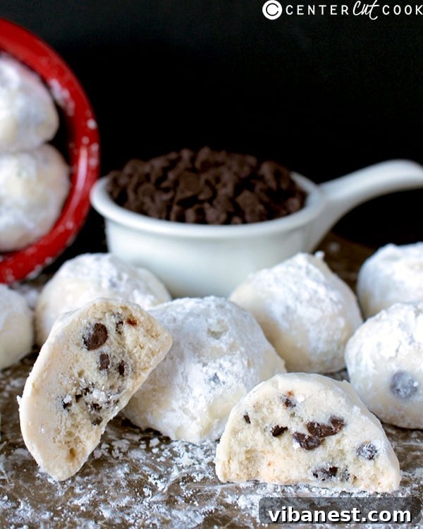 chocolate_chip_snowball_cookies2.jpg Several chocolate chip snowball cookies arranged artfully on a white plate, showcasing their perfect round shape and powdered sugar coating.