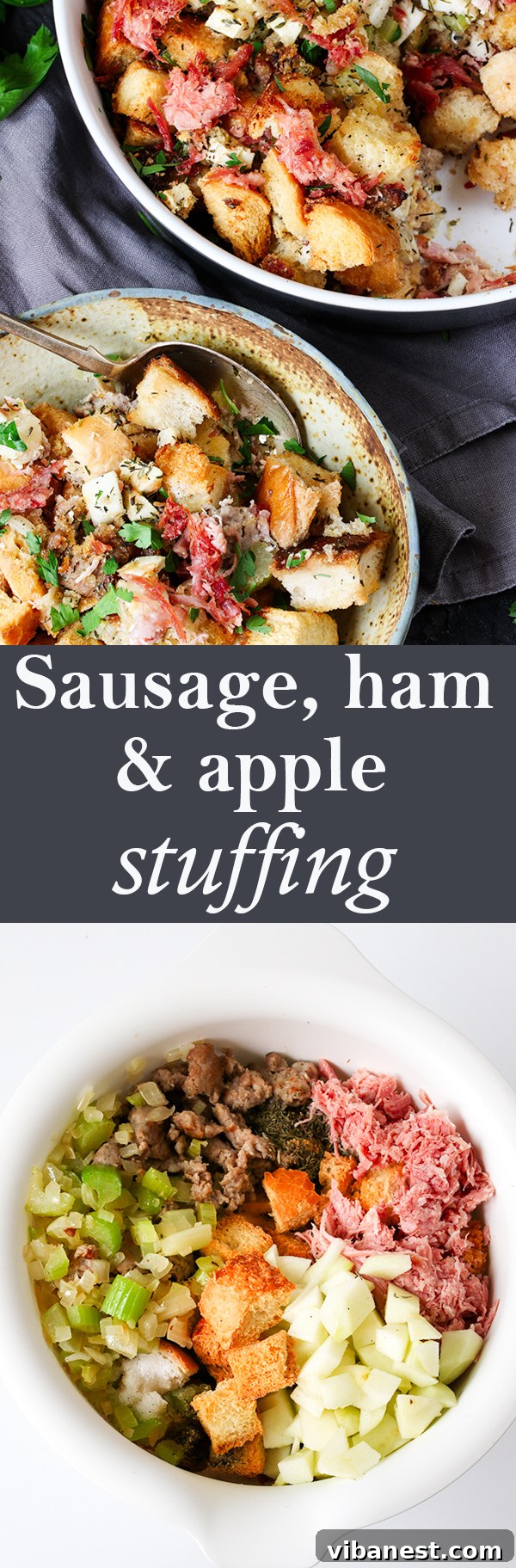 Pinterest image for Thanksgiving Sausage, Ham, and Apple Stuffing