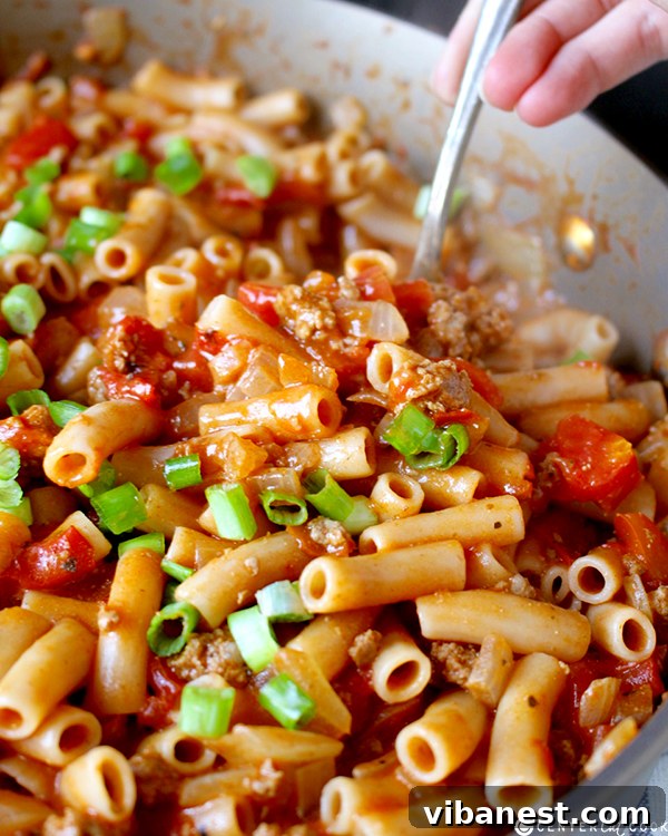 onepot_american_goulash.jpg close up of one pot american goulash with steam rising