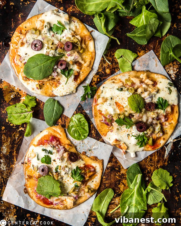 Tortilla Pizza with Chicken and Mozzarella Close-up of freshly baked 10-Minute Tortilla Pizza