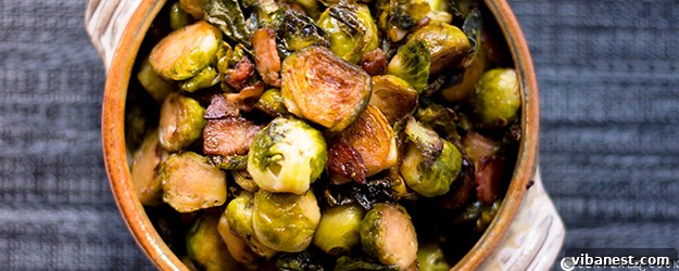 Deliciously seared Maple Bacon Brussels Sprouts with a golden brown crust