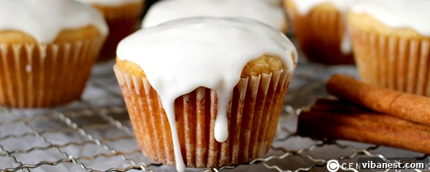 eggnog_muffins1.jpg Close-up of a single eggnog muffin on a plate, showing its soft texture and glaze