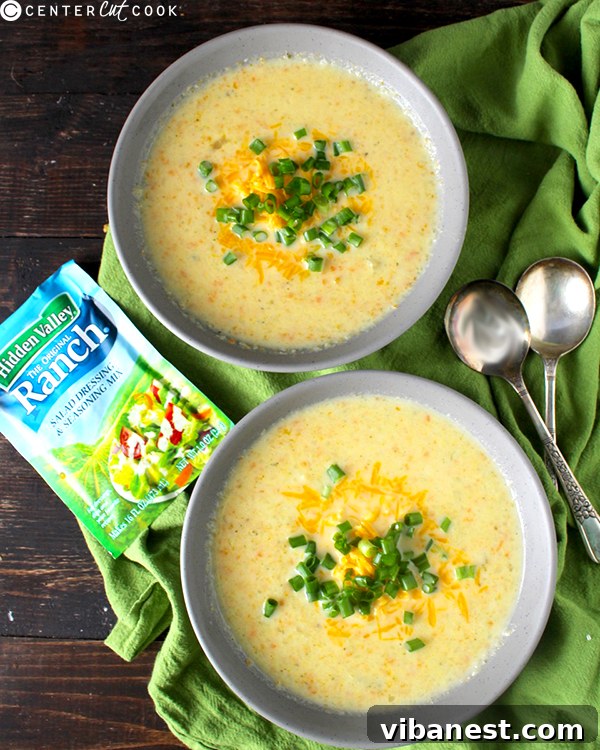 Creamy Broccoli Ranch Cheese Soup 5 A beautifully presented bowl of creamy Broccoli Ranch Cheese Soup, garnished and ready to serve, representing conscious cooking.