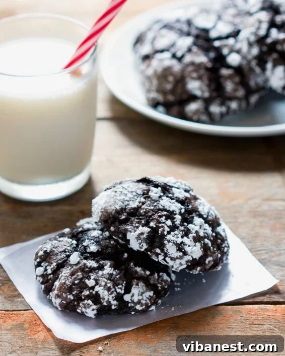 Velvet Chocolate Crinkle Cookies 4 Two hands holding a perfectly baked chocolate crinkle cookie, showcasing its distinct cracks and powdered sugar coating, with a plate of similar cookies blurred in the background.