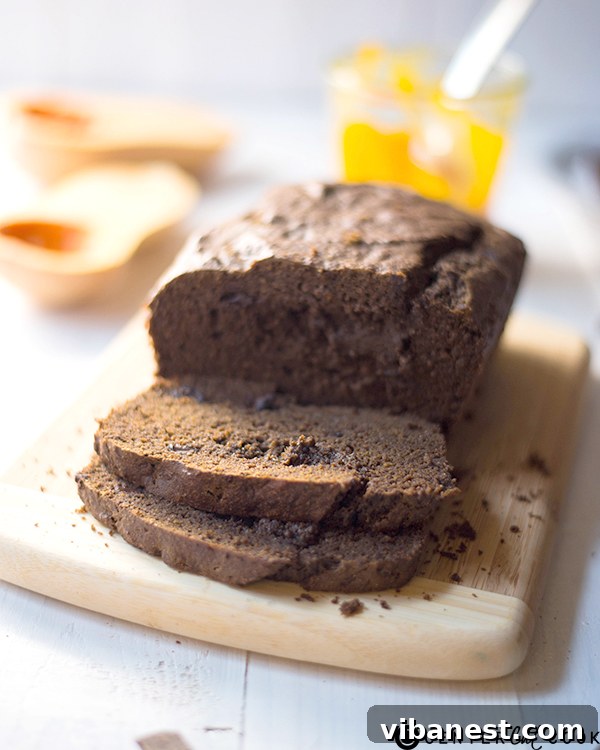 Chocolate Butternut Squash Bread Slice Close-up of a slice of chocolate butternut squash bread on a plate