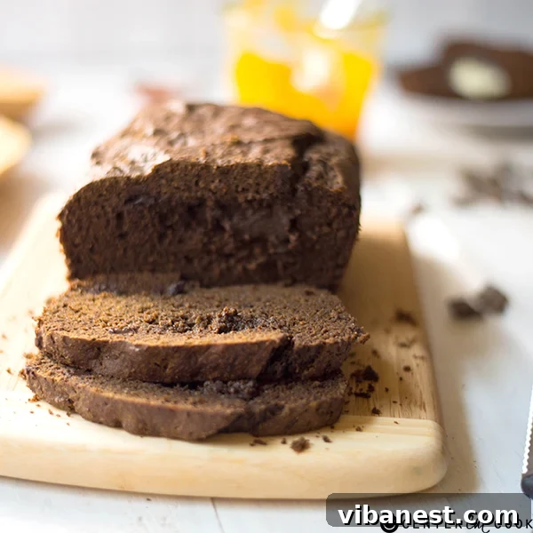 Chocolate Butternut Squash Bread - Recipe Image Close-up of baked chocolate butternut squash bread in a loaf pan