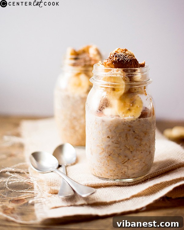 Close-up of Peanut Butter Banana Overnight Oats in a mason jar