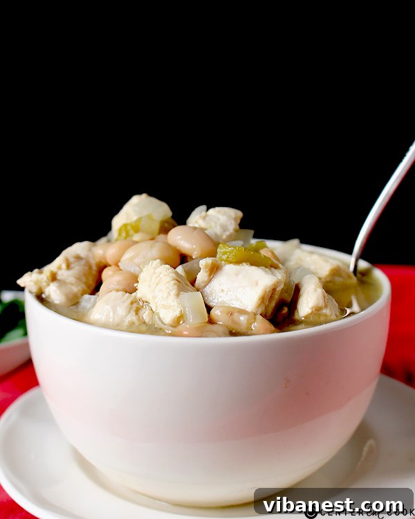 white chicken chili 2 A closer look at a bowl of White Chicken Chili, highlighting its creamy texture and rich ingredients