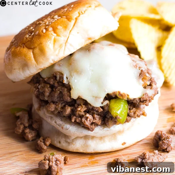 Philly Cheesesteak Sloppy Joe on Bun A finished Philly Cheesesteak Sloppy Joe on a bun with melted cheese