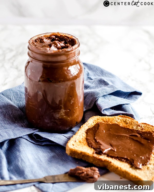 Homemade Nutella - Ready to Eat A bowl of freshly made homemade Nutella with a spoon, highlighting its smooth and luscious texture.