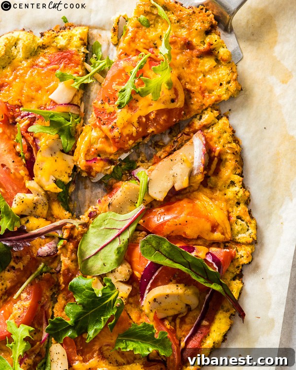 Cauliflower Pizza Crust Close-up of a grain-free cauliflower pizza crust, golden brown and crispy
