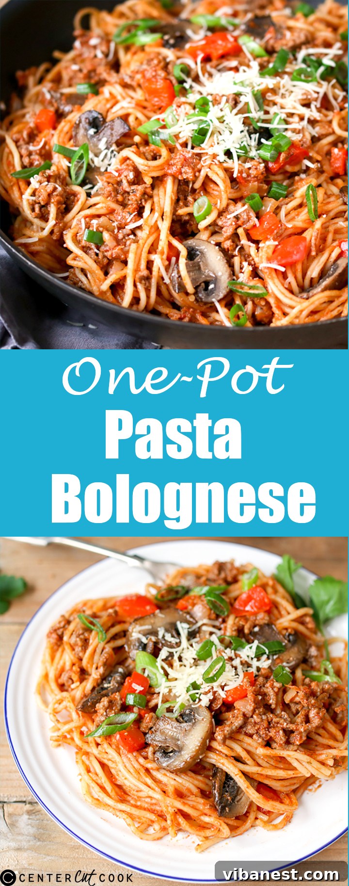 One-Pot Pasta Bolognese Pinterest Pin Image - Long vertical image