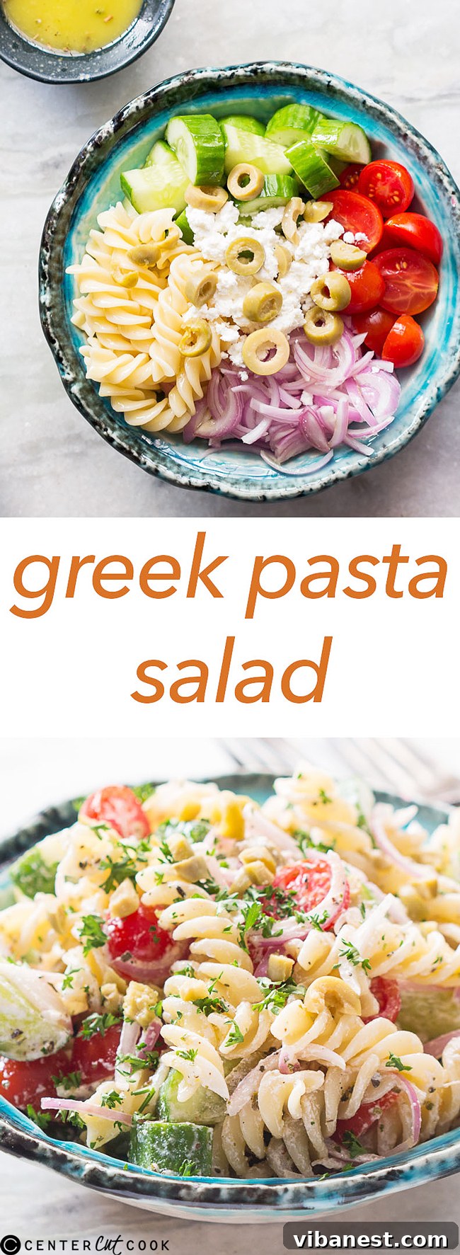 Greek Pasta Salad Pin Image Close-up of Greek pasta salad with crumbled feta cheese
