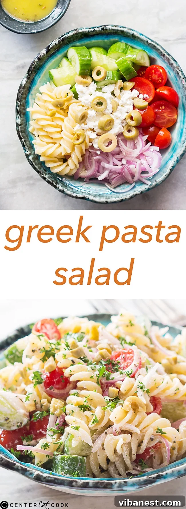 Large image for Pinterest: Greek pasta salad in a bowl