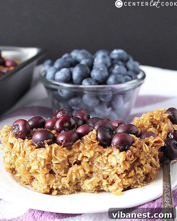 Close-up of baked peanut butter oatmeal with blueberries