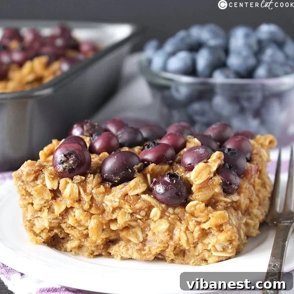 Individual serving of baked peanut butter oatmeal with blueberries