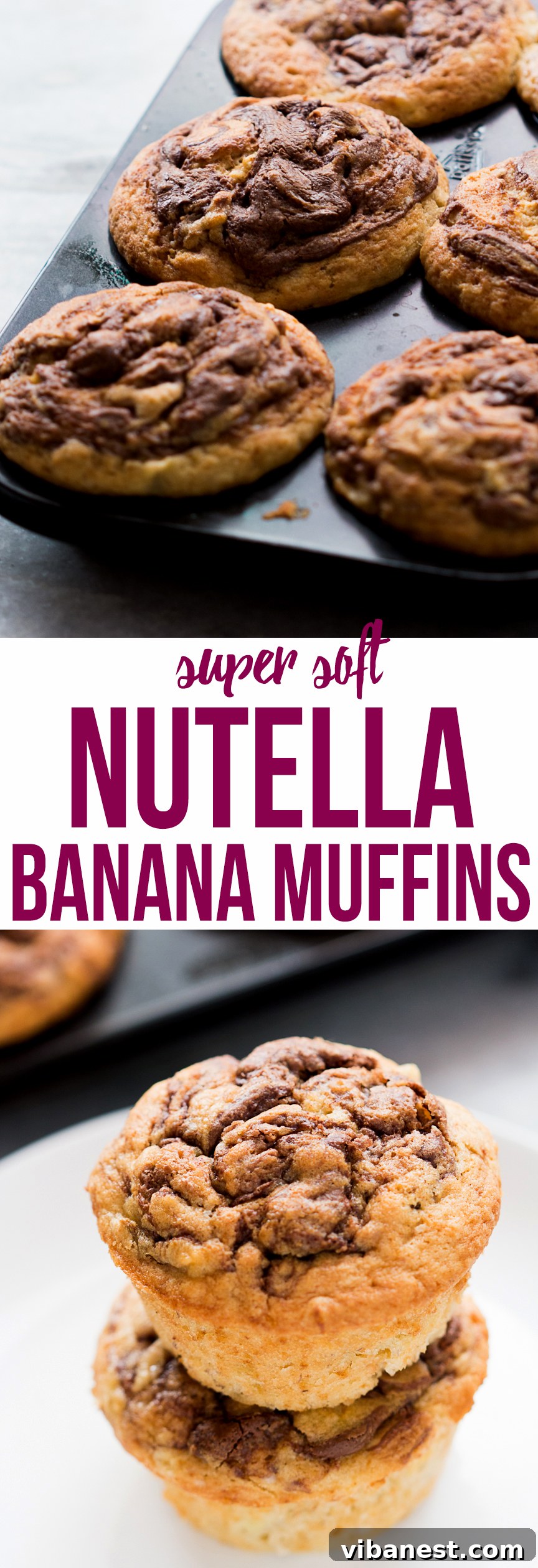 Nutella Swirled Banana Muffins for Pinterest, vertical image showcasing a stack of muffins with intricate Nutella patterns and a cozy kitchen background.