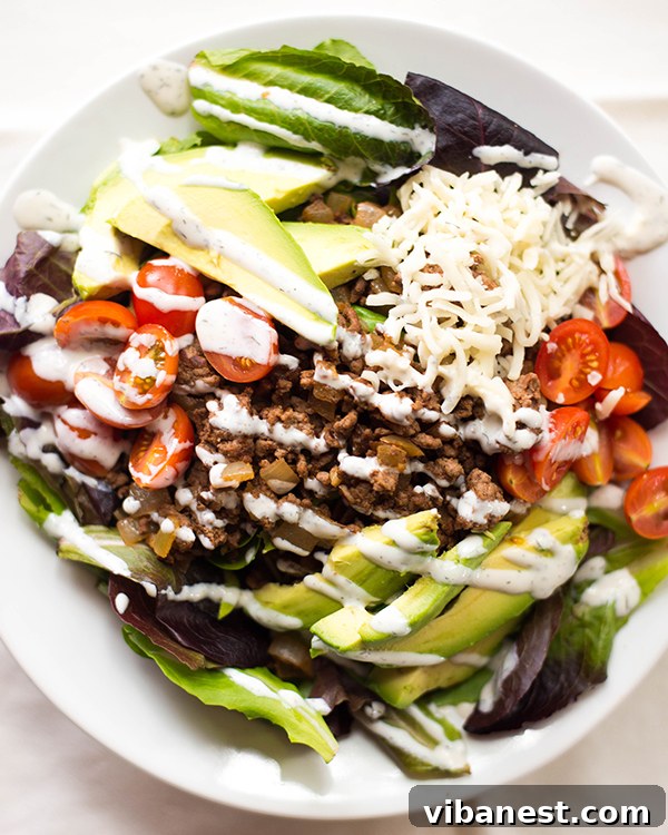 Close-up of a vibrant taco salad bowl